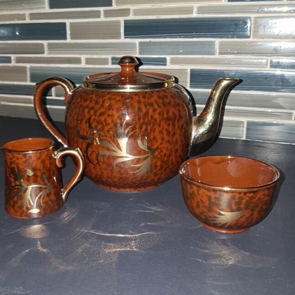 Vintage Gibson England Tea Pot Cream Sugar Set: Tortoise Shell Redware 1940s
